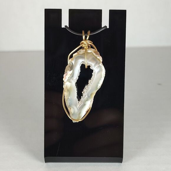 Gold Tone Wire Wrapped Agate Natural Raw Geode Druzy Sliced Stone Pendant Boho - Picture 2 of 16